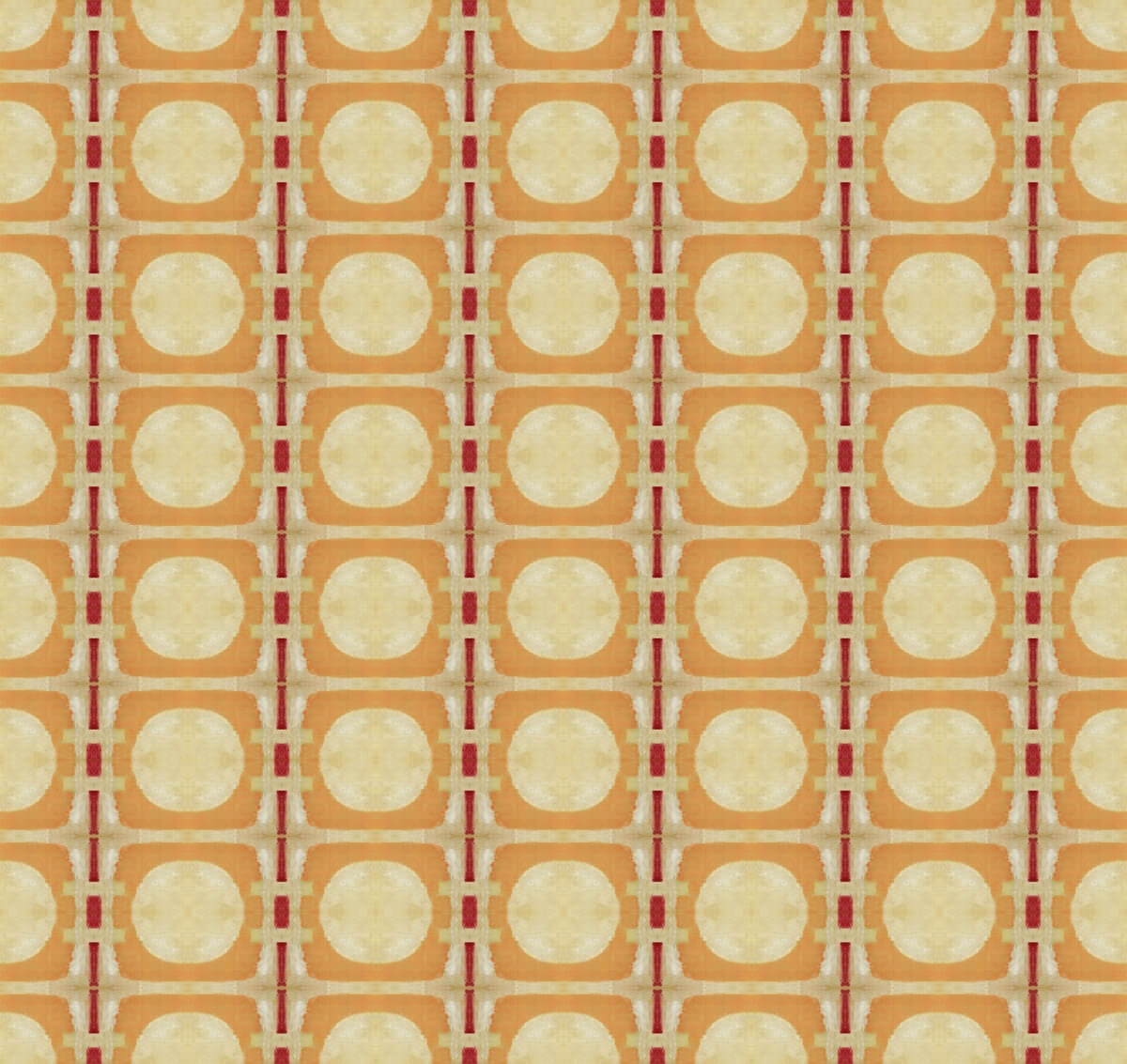 Floating Circles II pattern in pale yellow, brown, and red