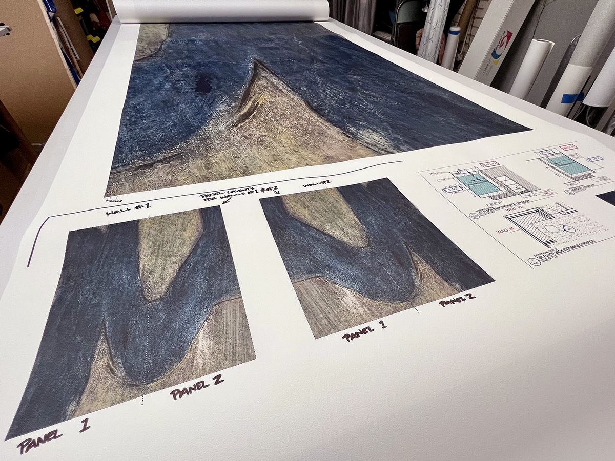 Print outs of sample paper showing different versions of custom wallcoverings